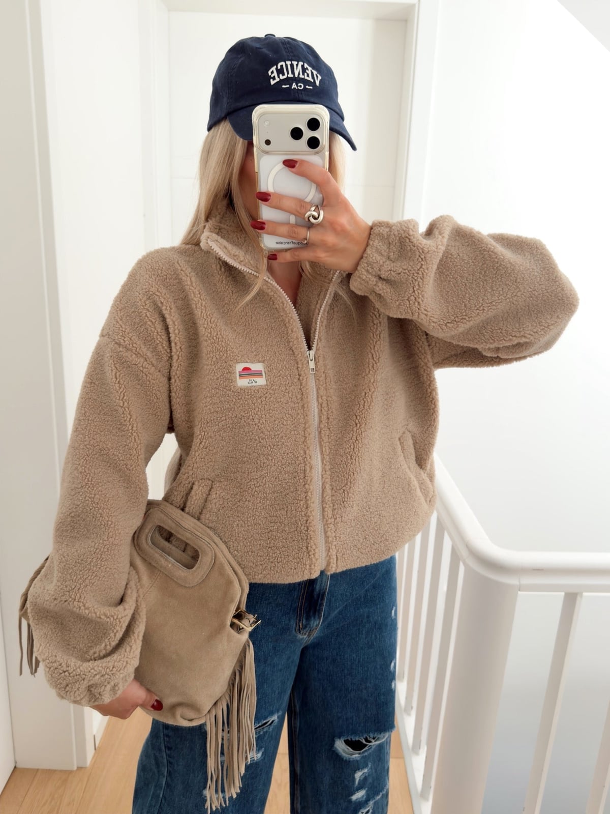 Beige Fleece Zip-Up with Ripped Jeans — Fleece Outfits