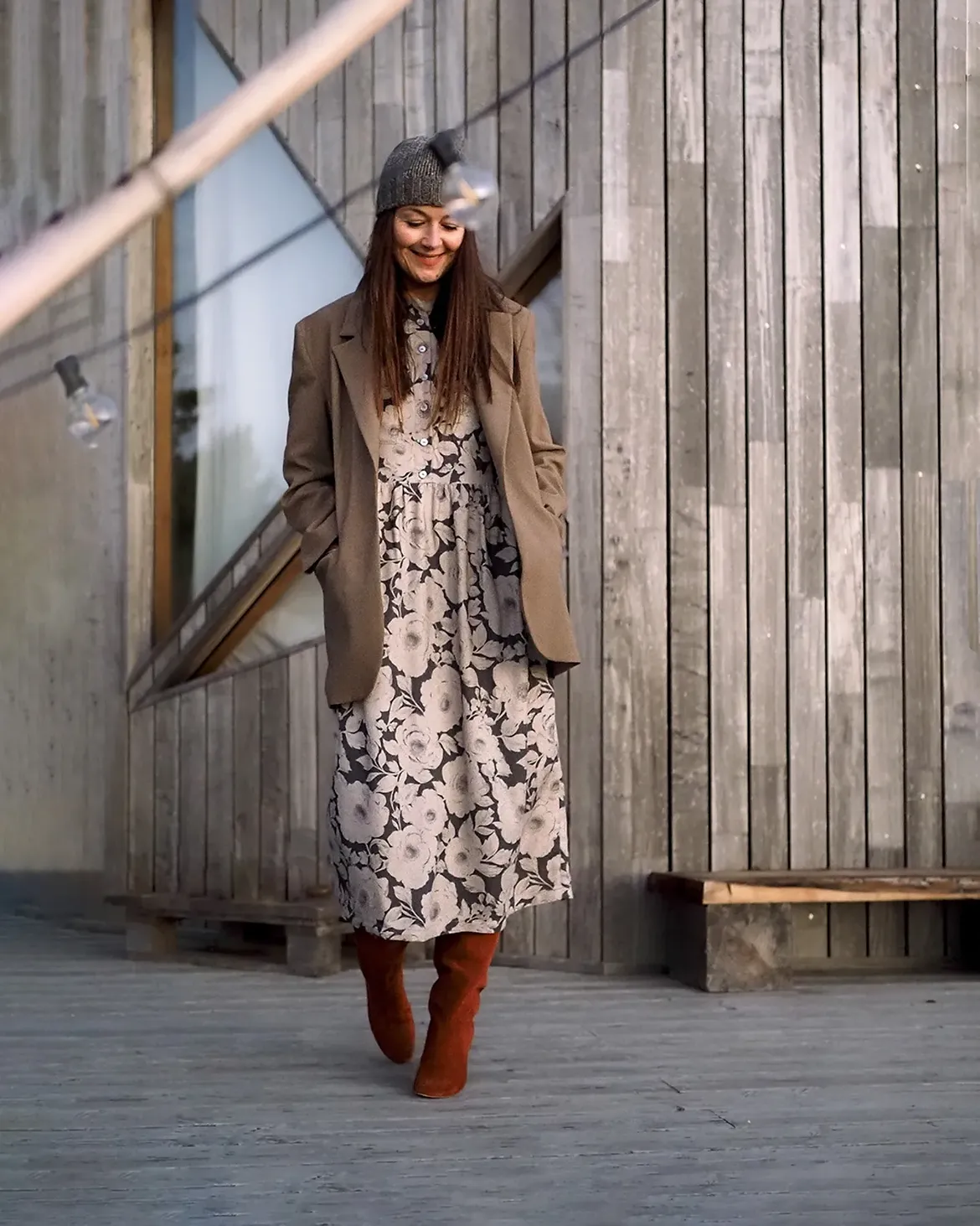 Floral Midi Dress With Suede Boots and Blazer