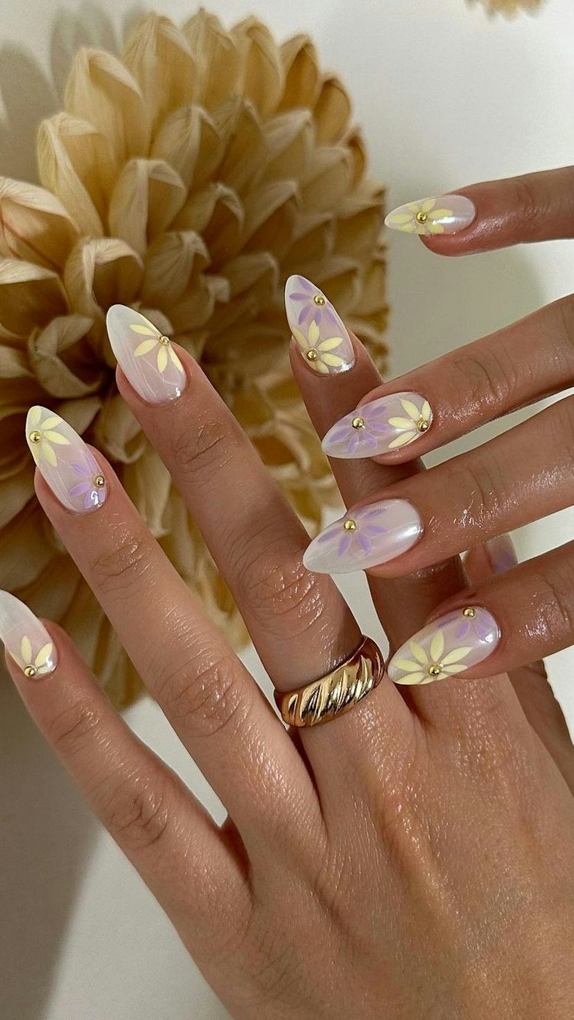 Shimmering Floral Accents Long Almond Nails Shimmering Floral Accents Long Almond Nails — Floral Nails