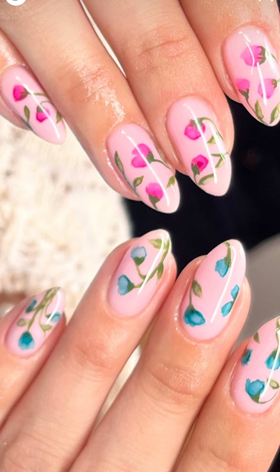 Soft Floral Illustrations Medium Almond Nails Soft Floral Illustrations Medium Almond Nails — Floral Nails