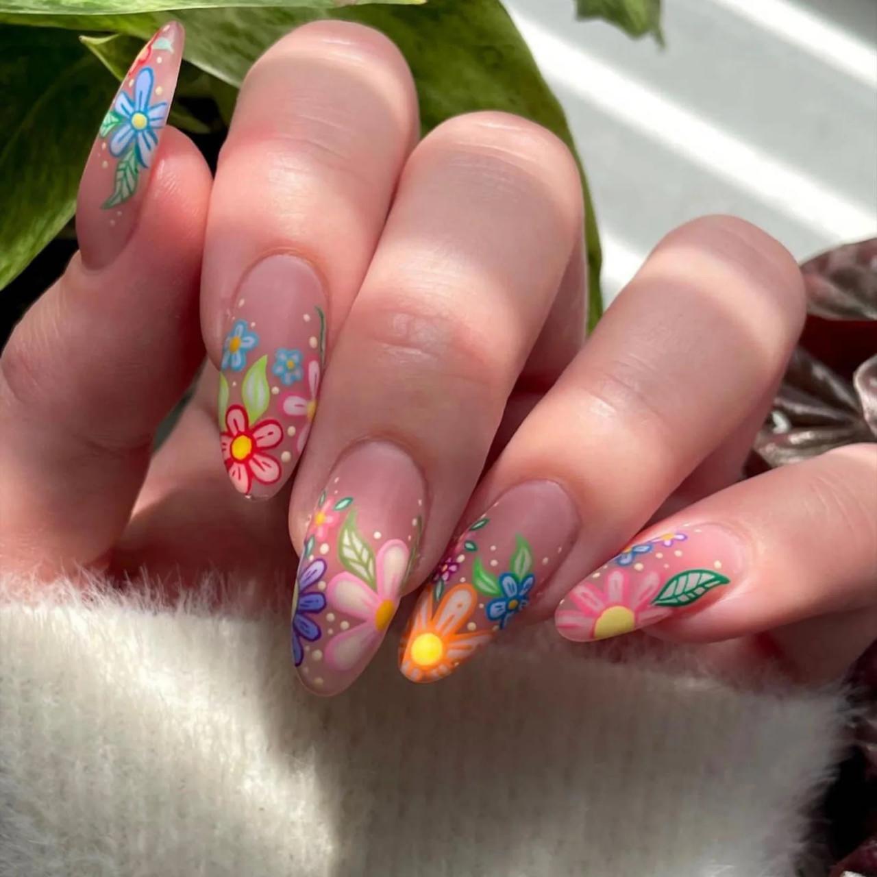 Hand-Painted Vibrant Floral Medium Almond Nails Hand-Painted Vibrant Floral Medium Almond Nails — Floral Nails