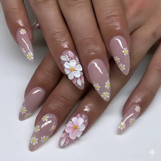 Raised 3D Floral Embellishments Long Almond Nails Raised 3D Floral Embellishments Long Almond Nails — Floral Nails