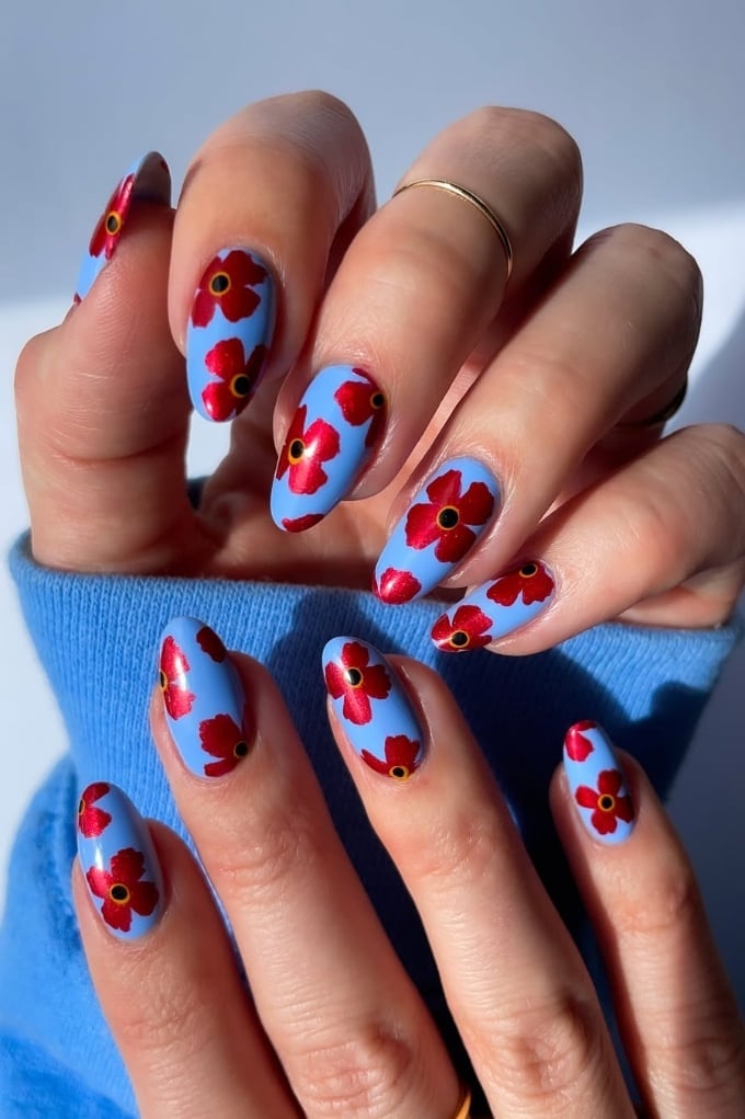 Red Floral Pattern Light Blue Medium Almond Nails Red Floral Pattern Light Blue Medium Almond Nails — Floral Nails