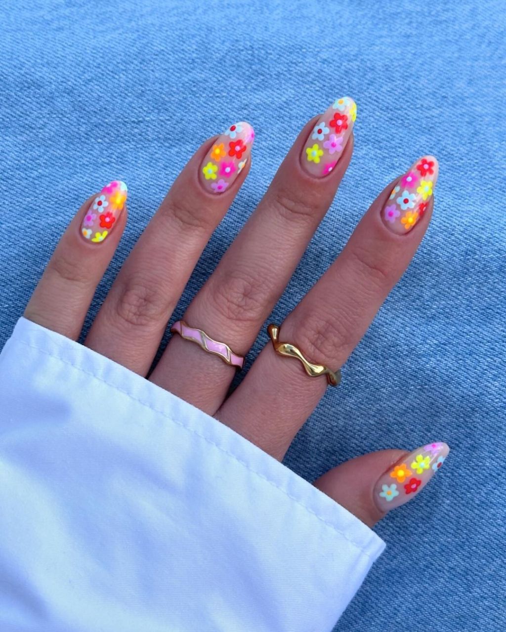 Colorful Small Flower Medium Almond Nails Colorful Small Flower Medium Almond Nails — Floral Nails