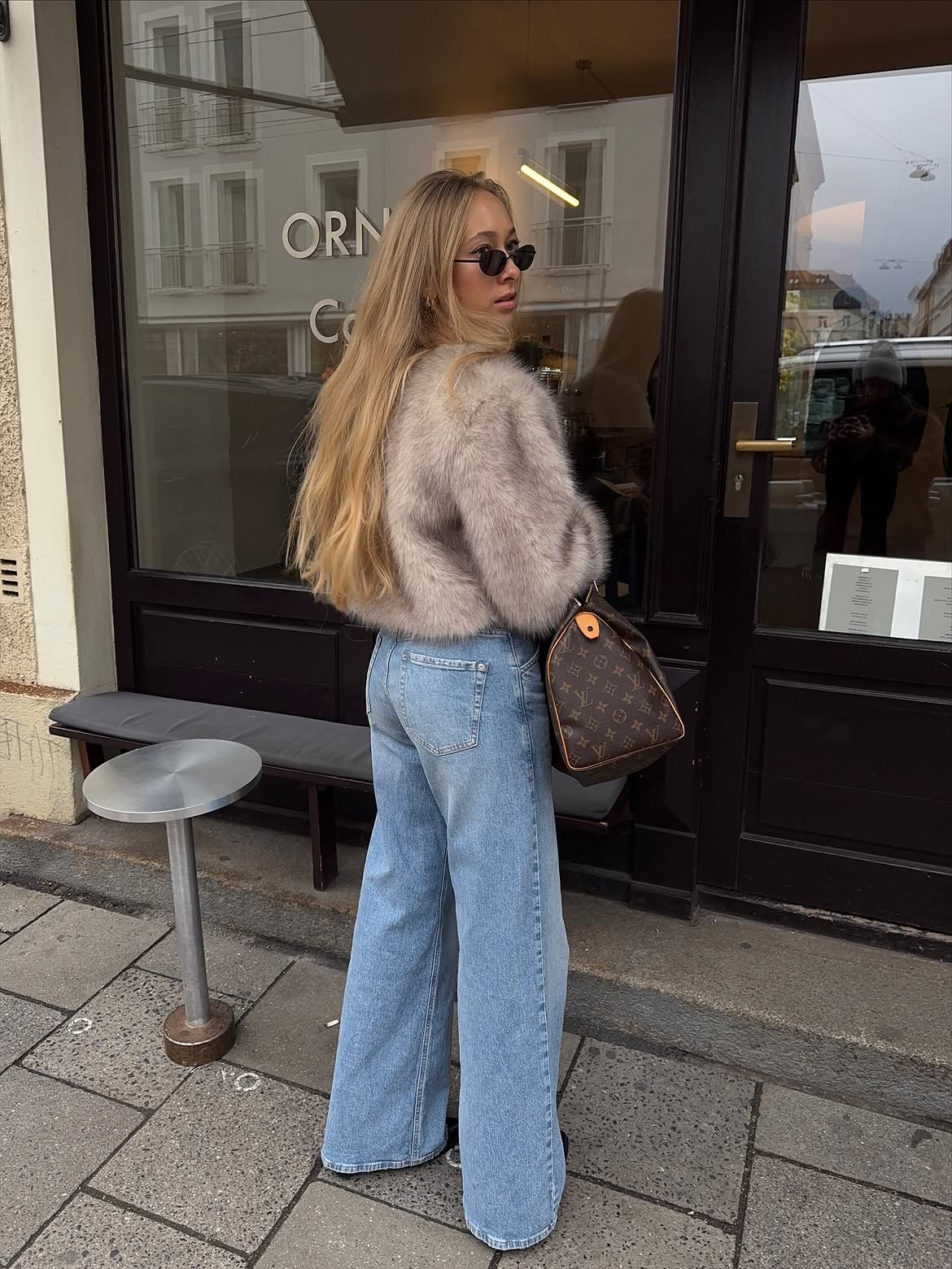 Fluffy Crop Jacket With Wide Leg Denim Jeans
