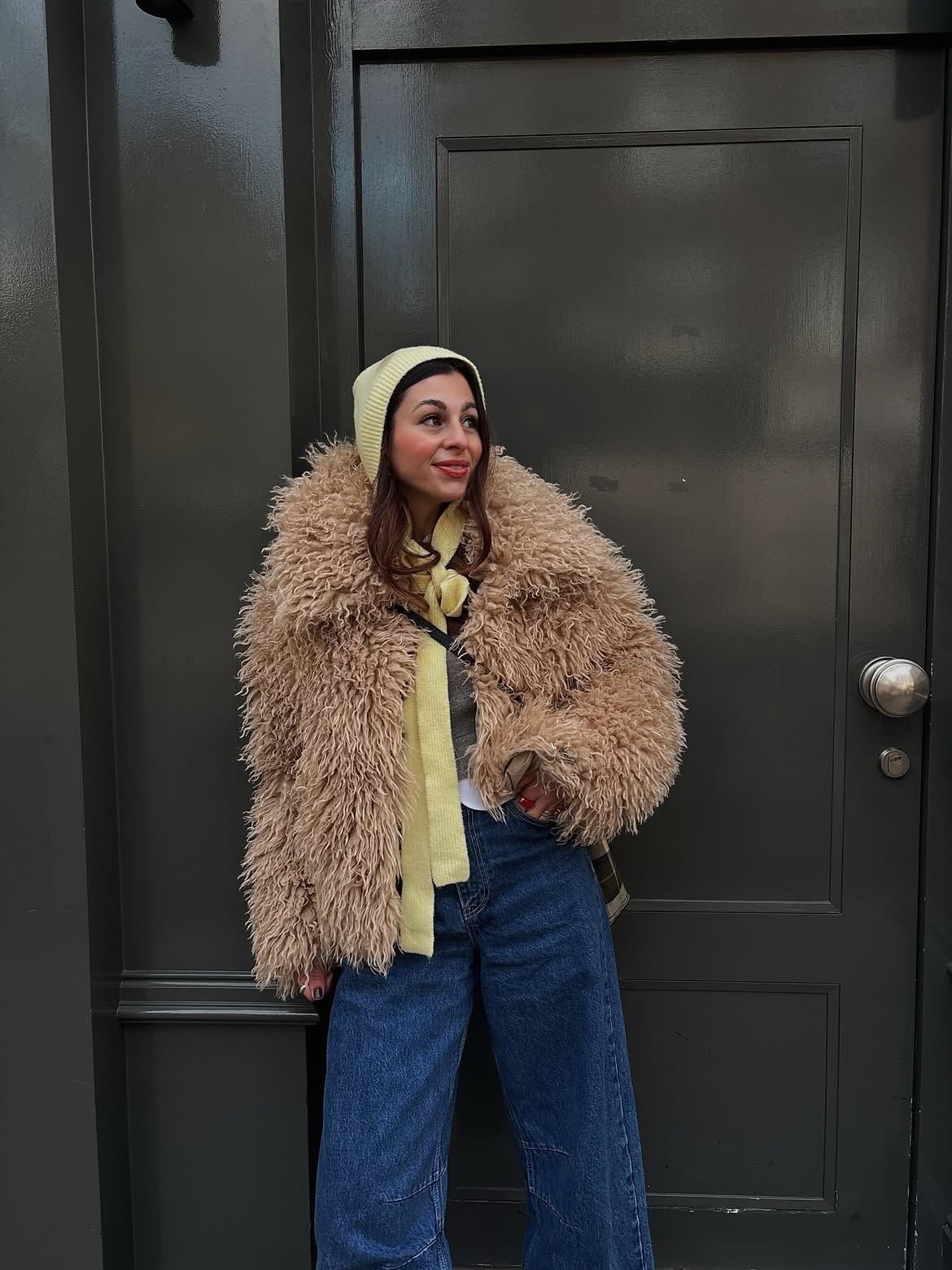 Fluffy Faux Fur Coat And Wide Leg Denim