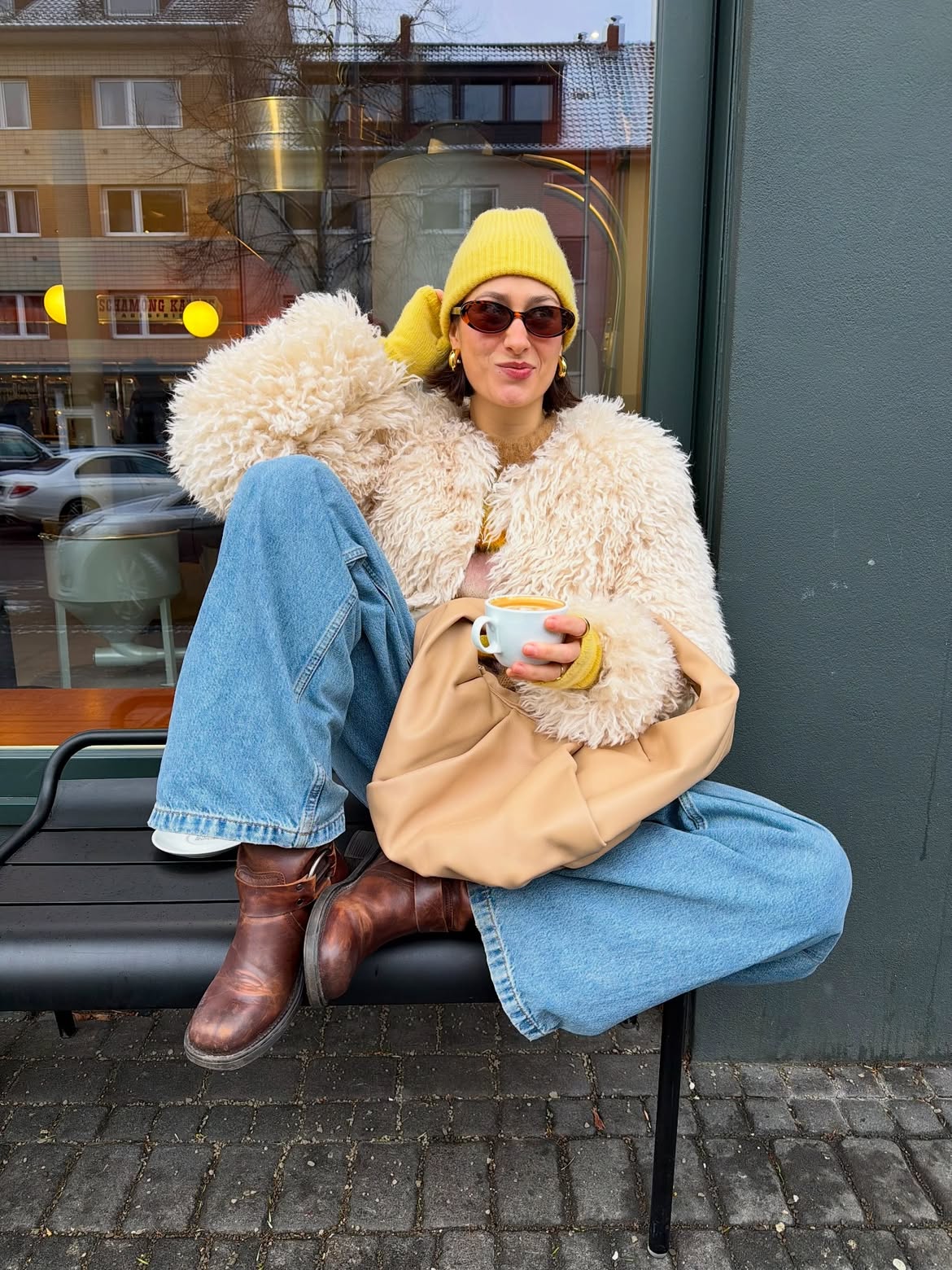 Fluffy Faux Fur Jacket And Wide Leg Denim