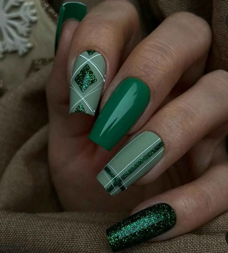 Forest Green Plaid Glitter Coffin Nails