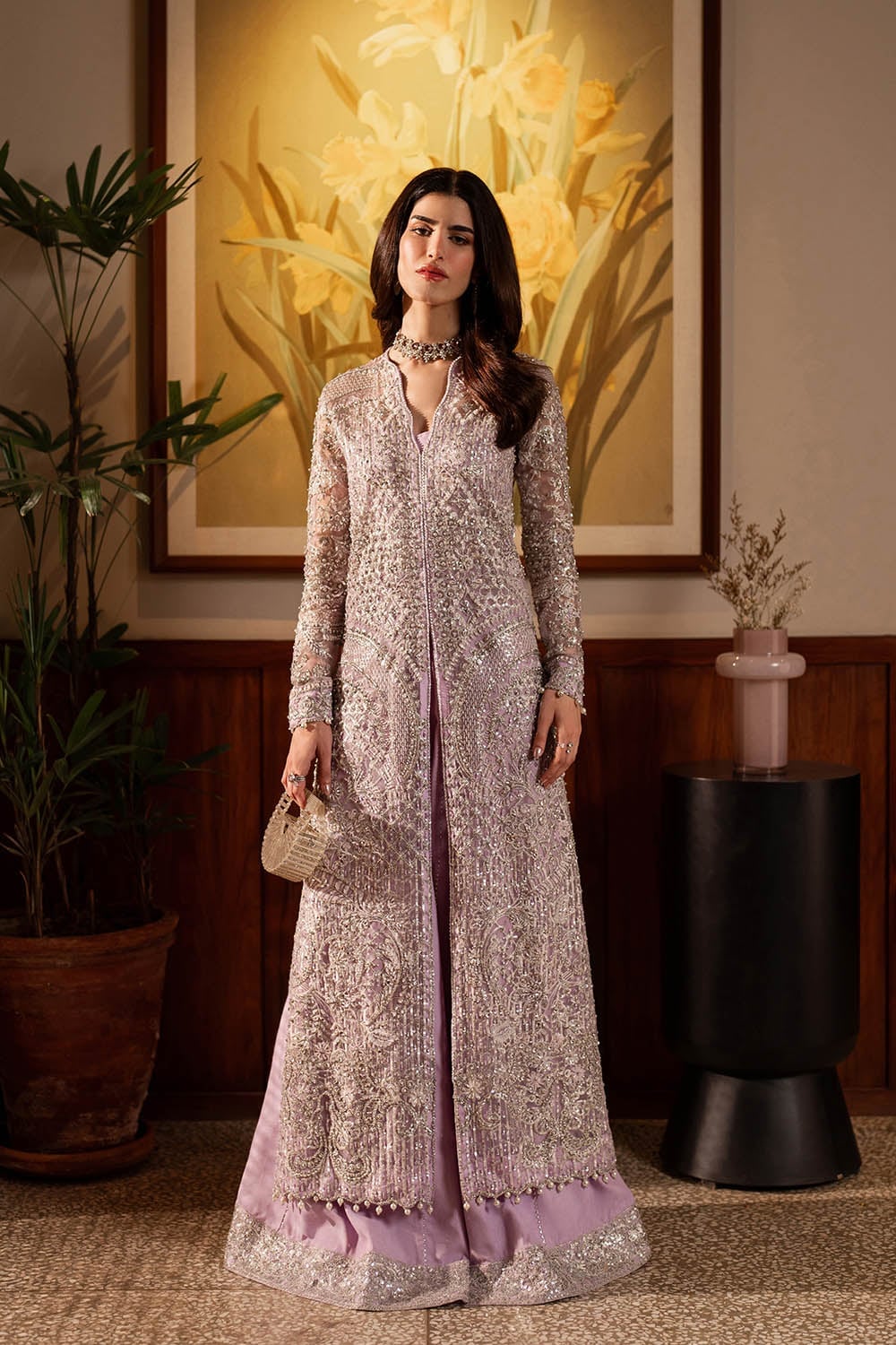 Lilac Embroidered Jacket Over Flowing Skirt, Close-Up Take — Formal Outfits