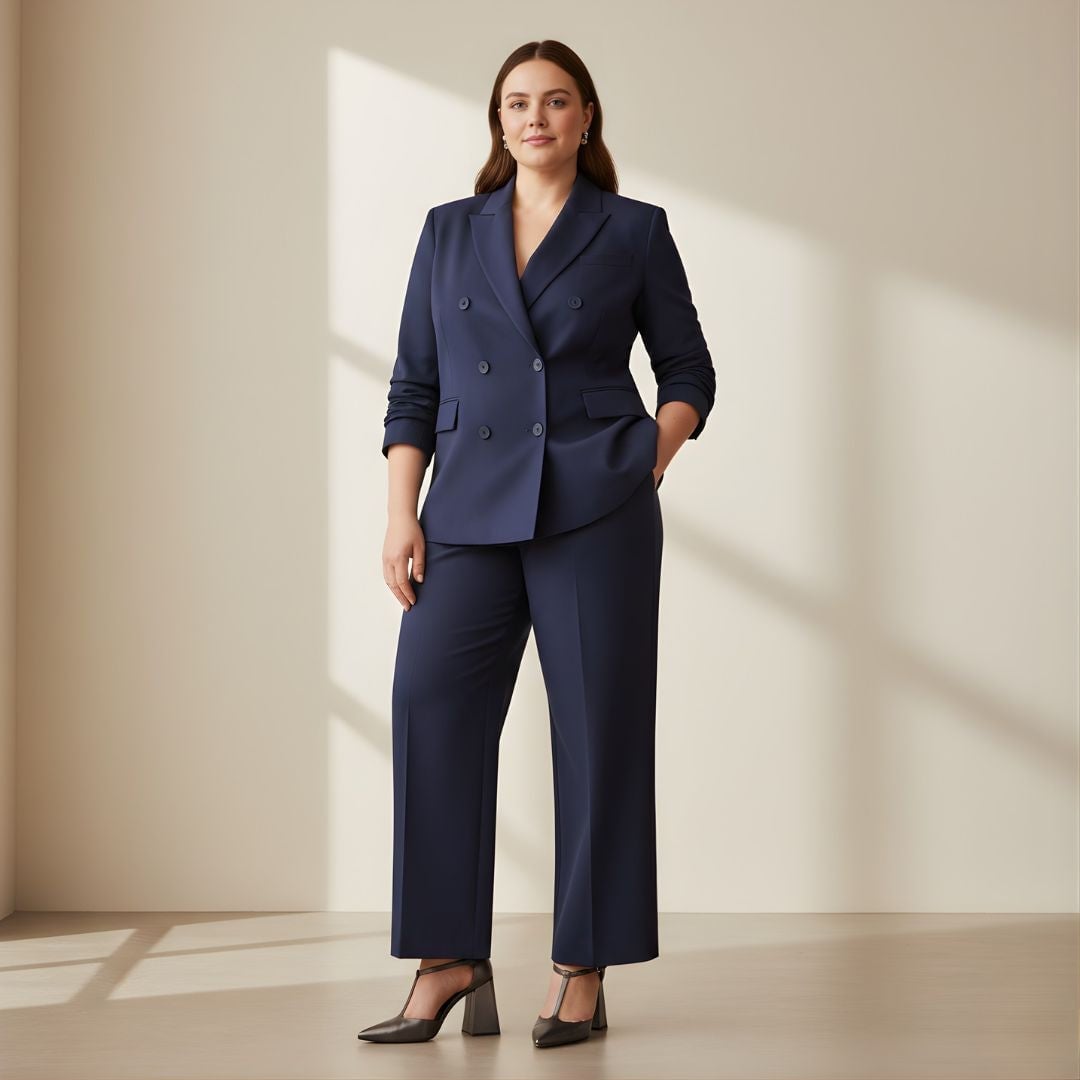 Navy Double-Breasted Blazer With Wide-Leg Trousers — Formal Outfits