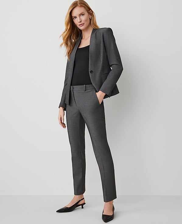 Gray Textured Blazer With Slim-Leg Trousers — Formal Outfits