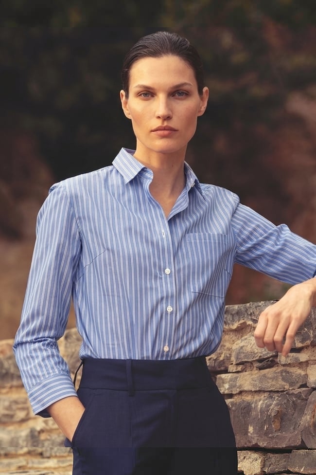 Fitted Blue and White Striped Button-Down Shirt — Formal Outfits