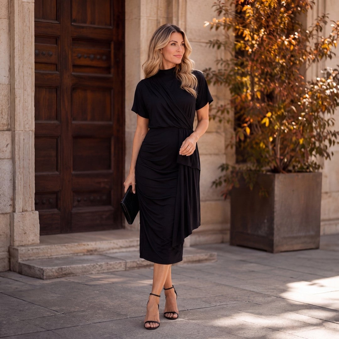 Black Short-Sleeve Midi Dress With Draped Bodice — Formal Outfits