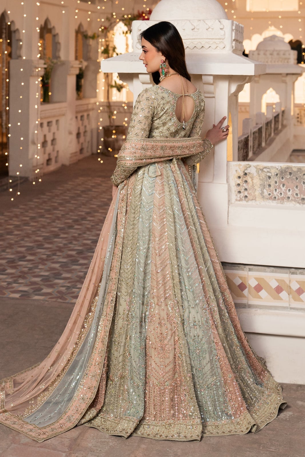 Pastel Sequined Gown With Embellished Sleeves, Close-Up Take — Formal Outfits