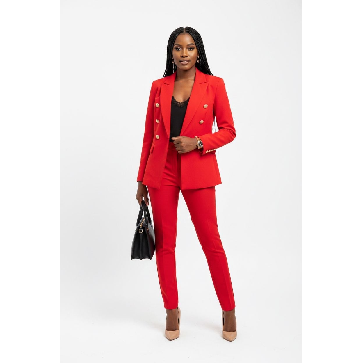 Red Double-Breasted Blazer With Matching Trousers, Close-Up Take — Formal Outfits