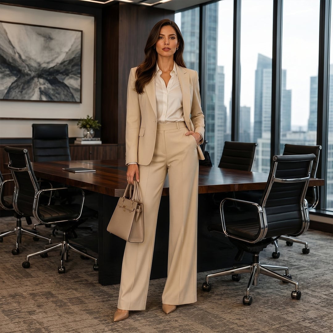 Beige Crepe Blazer and Trousers for Business Formal — Formal Style