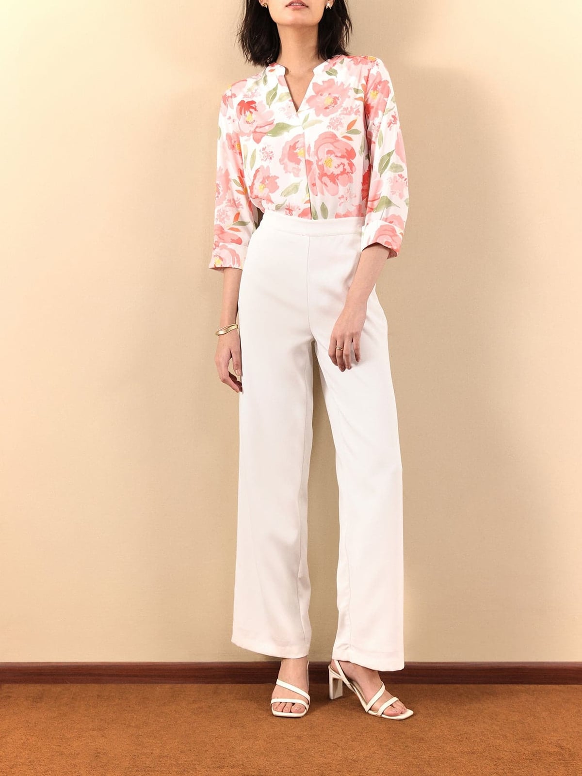 White Wide-Leg Trousers with Floral Blouse — Formal Style