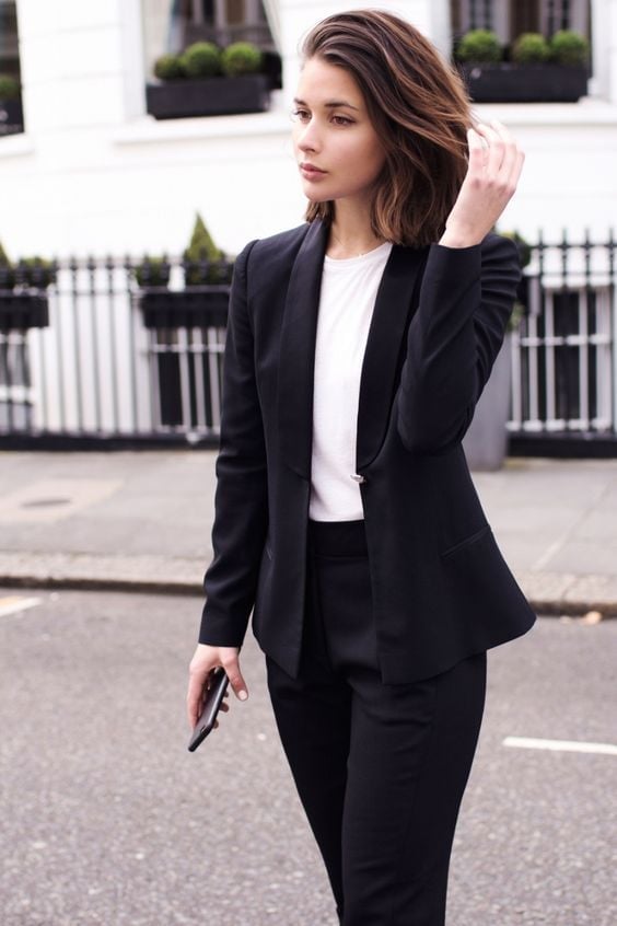 Black Blazer with Shawl Lapel and White T-shirt — Formal Style