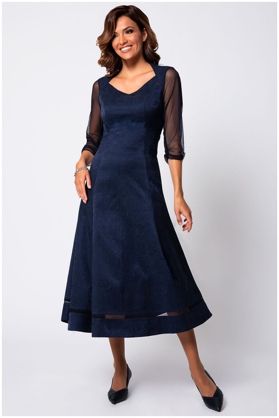 Navy Fit and Flare Dress with Sheer Sleeves — Formal Style