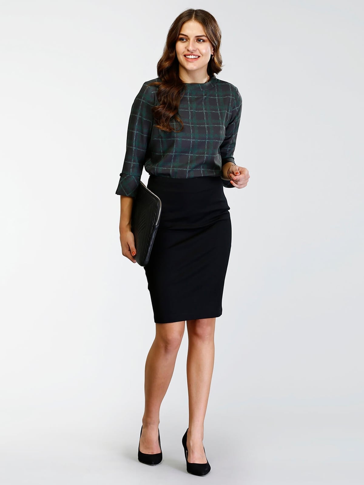 Plaid Blouse and Black Pencil Skirt — Formal Style