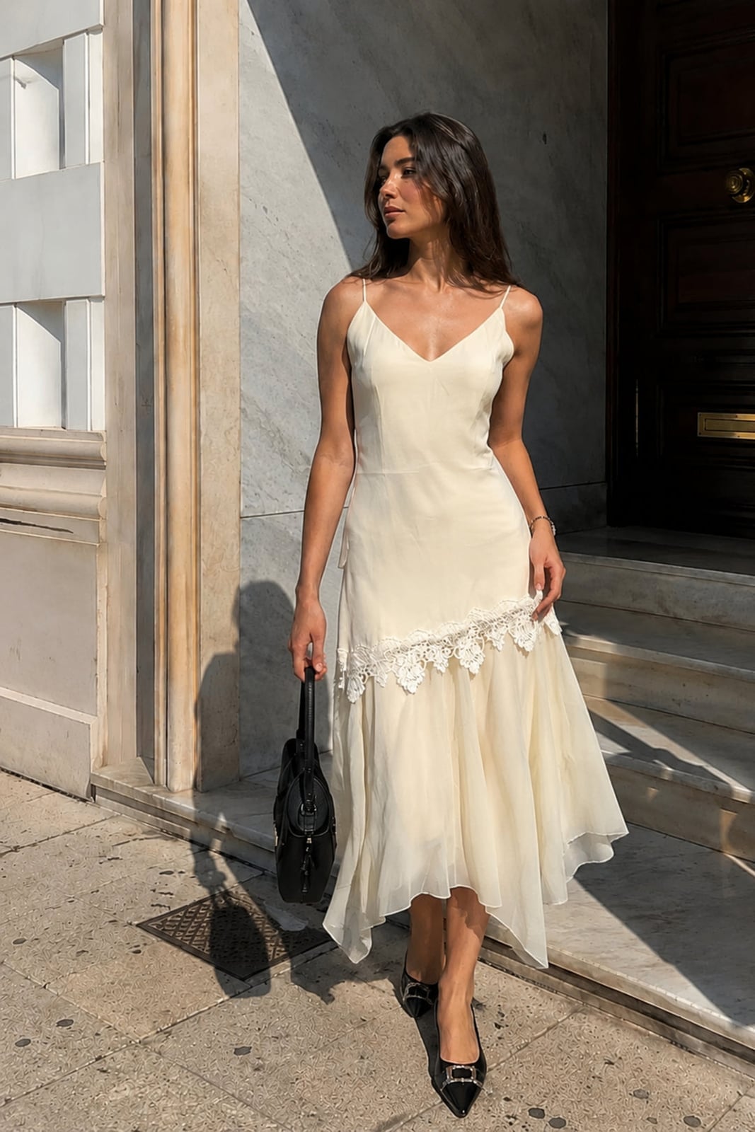 Cream Silk Slip Dress with Lace Trim — Formal Style