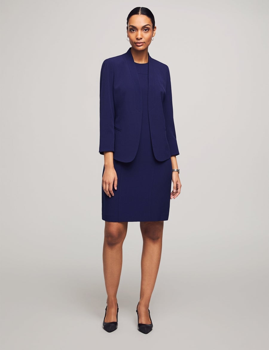 Navy Sheath Dress and Collarless Cropped Jacket — Formal Style