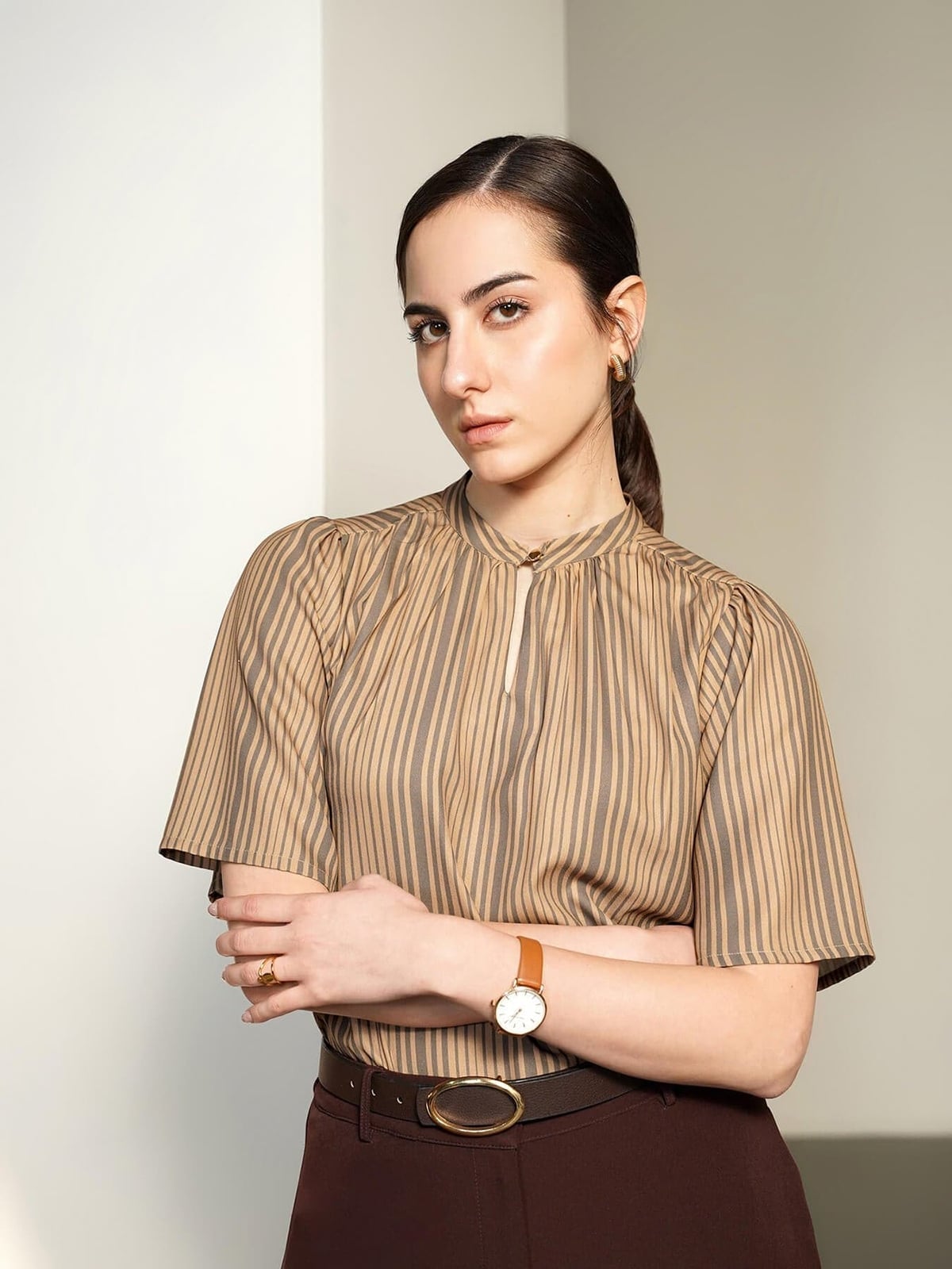 Striped Blouse and Brown Tailored Trousers — Formal Style