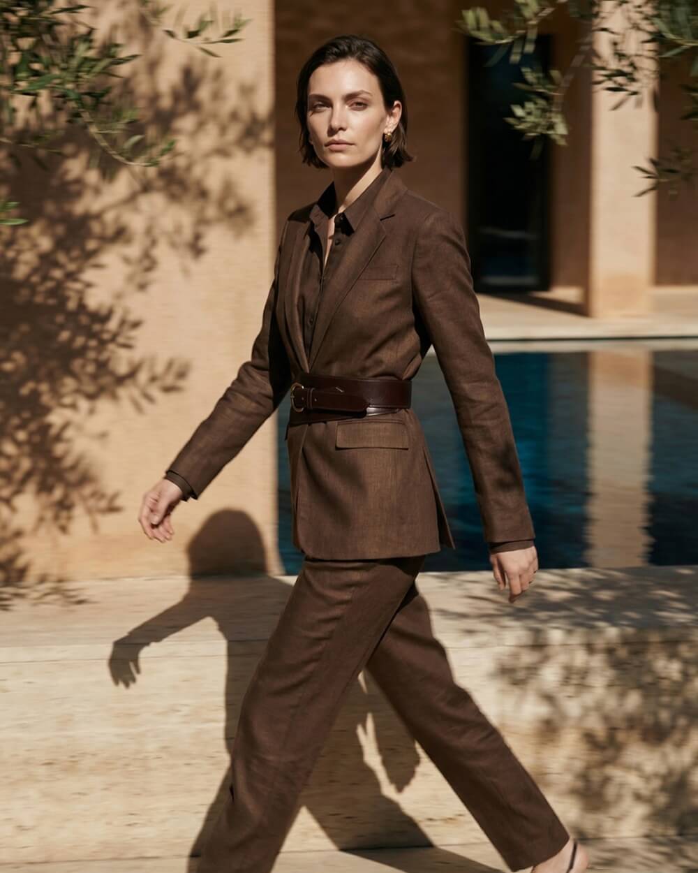 Monochromatic Brown Linen-Blend Suit — Formal Style