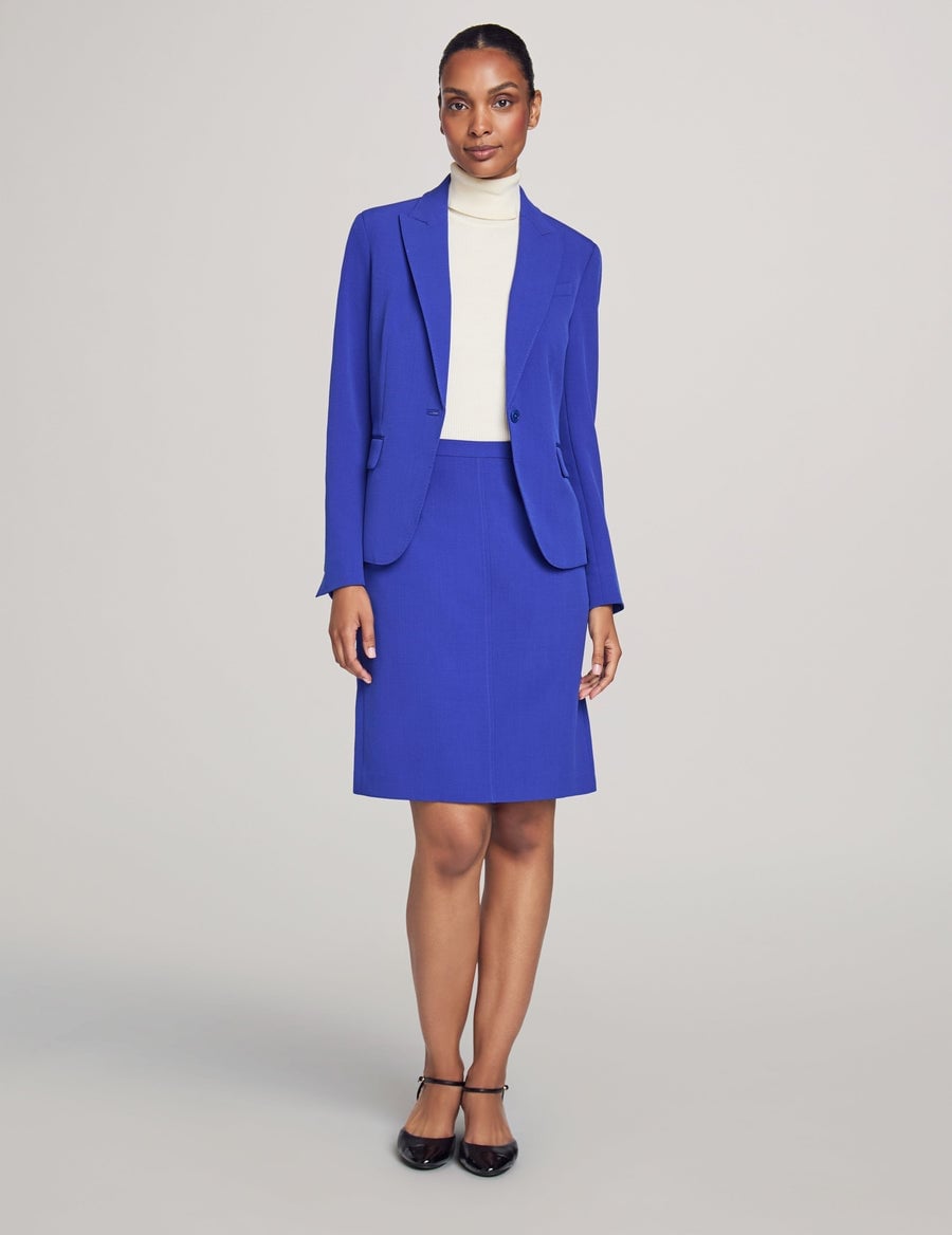 Royal Blue Blazer and Cream A-line Skirt — Formal Style