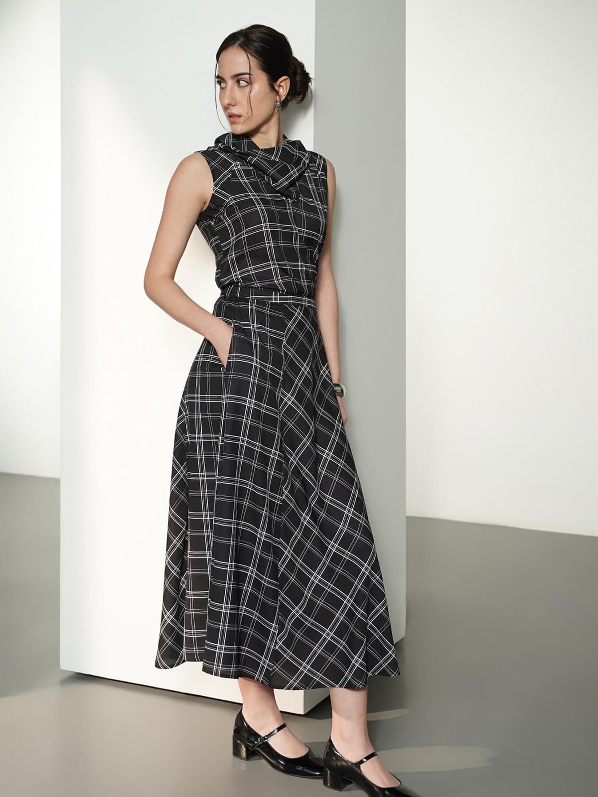 Black and White Plaid Fit-and-Flare Dress — Formal Style