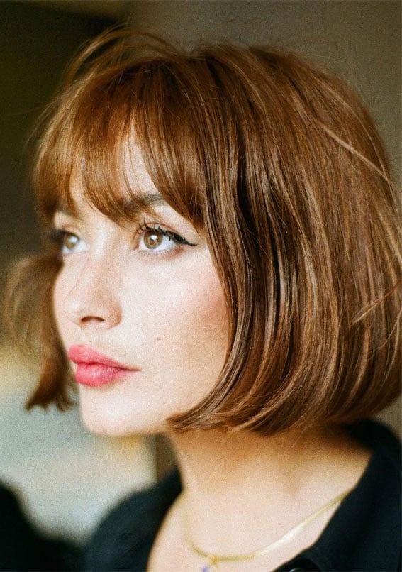Warm Brown Bob With Soft Bangs — French Bob
