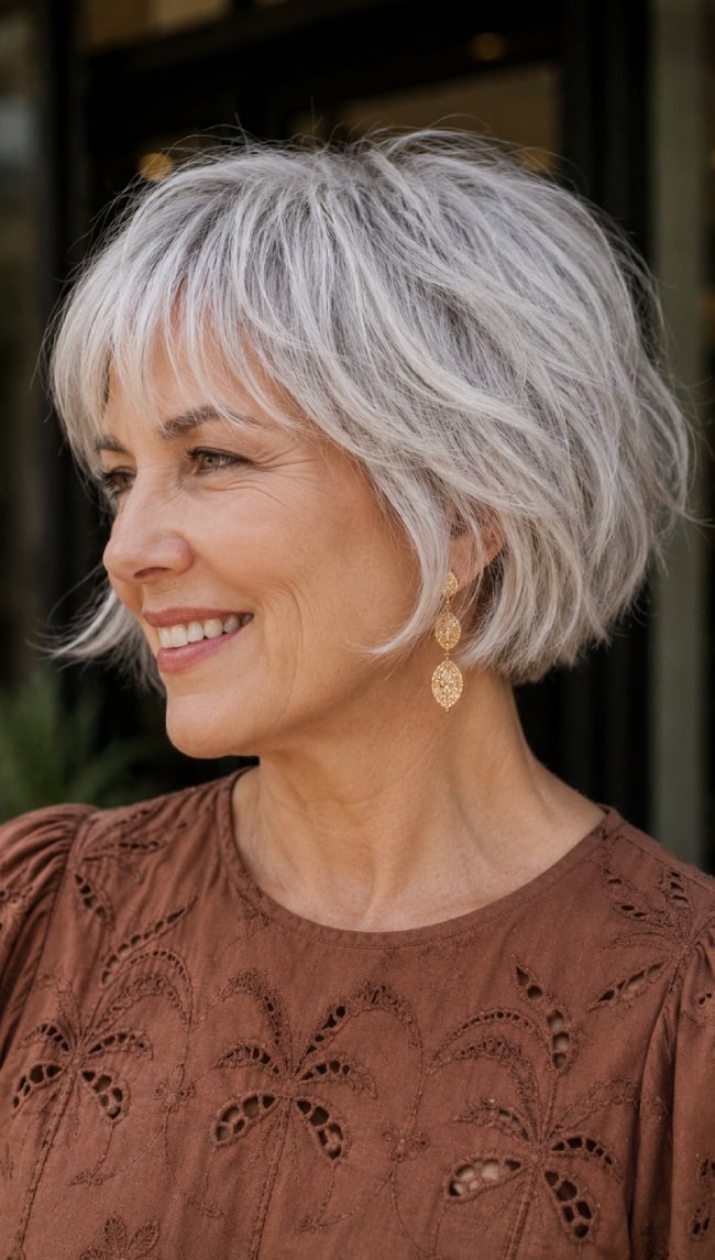 Silver Gray Bob With Wispy Bangs — French Bob