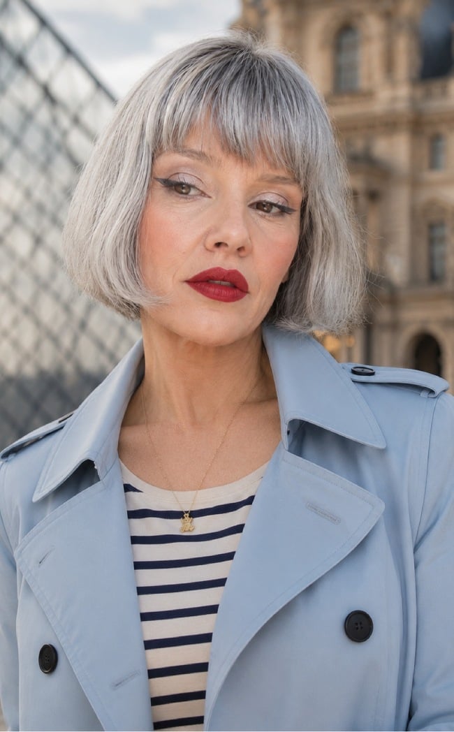 Silver Platinum Bob With Full Fringe — French Bob