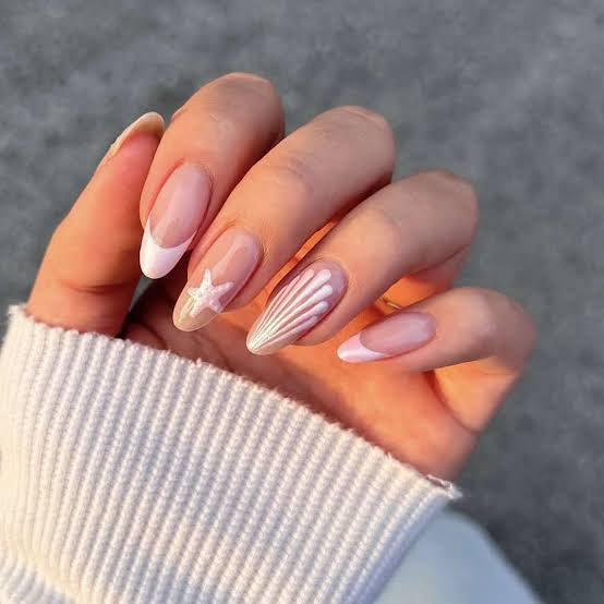 Pink Base White French with Sea Shell Art Pink Base White French with Sea Shell Art — French Nails