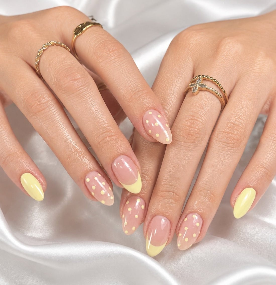 Pastel Yellow Dot French Almond Nails Pastel Yellow Dot French Almond Nails — French Nails