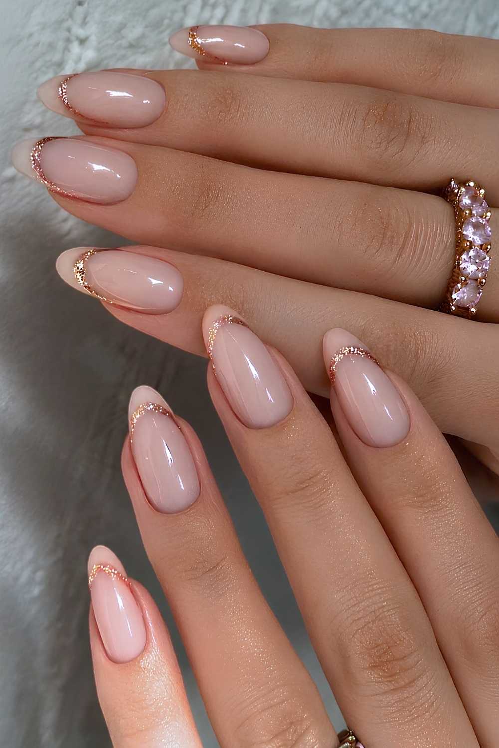 Pale Pink Gold Glitter French Almond Nails Pale Pink Gold Glitter French Almond Nails — French Nails
