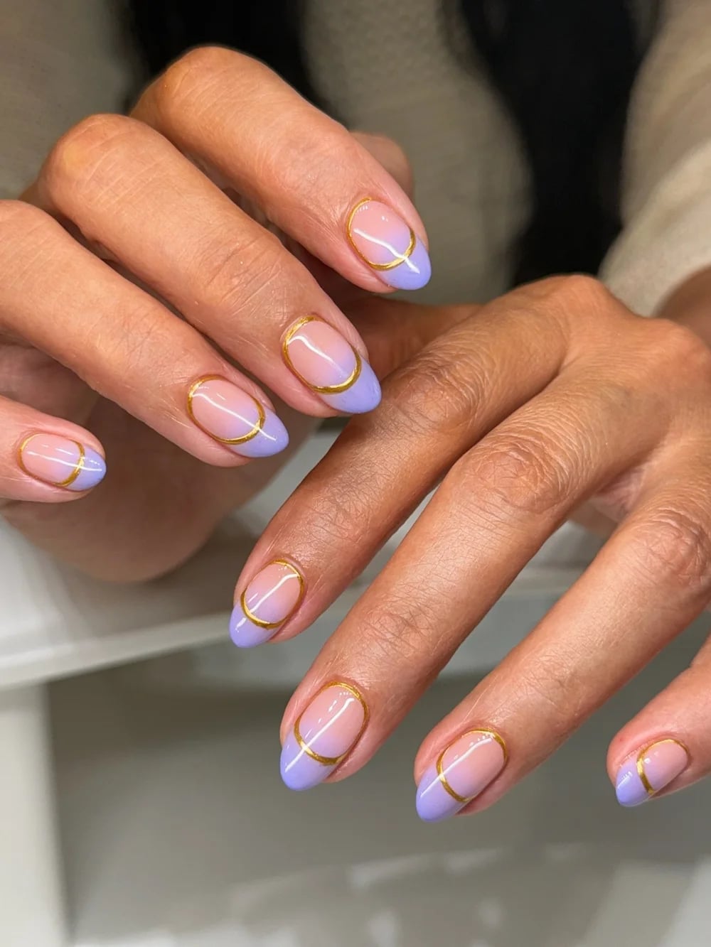 Light Purple Gold Line French Oval Nails Light Purple Gold Line French Oval Nails — French Nails