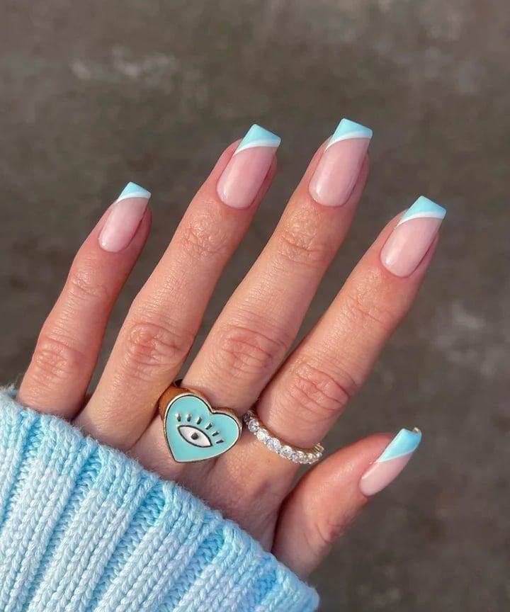 Pale Pink Double Blue Line French Almond Nails Pale Pink Double Blue Line French Almond Nails — French Nails