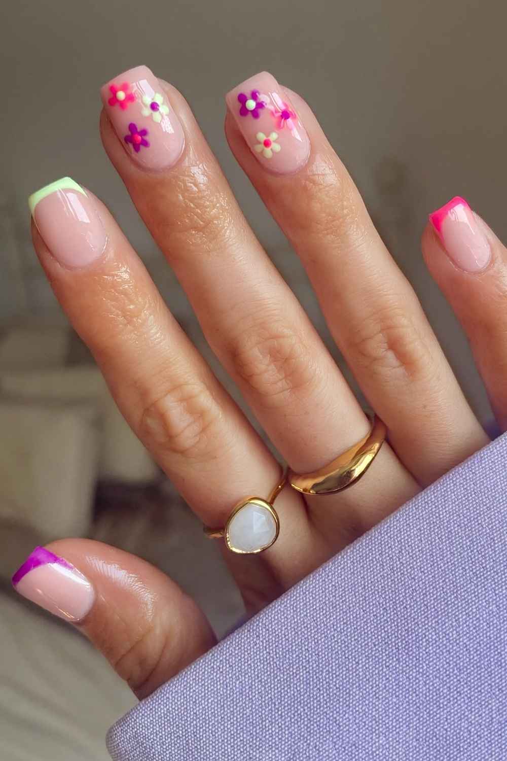 Neon Floral French Square Nails Neon Floral French Square Nails — French Nails