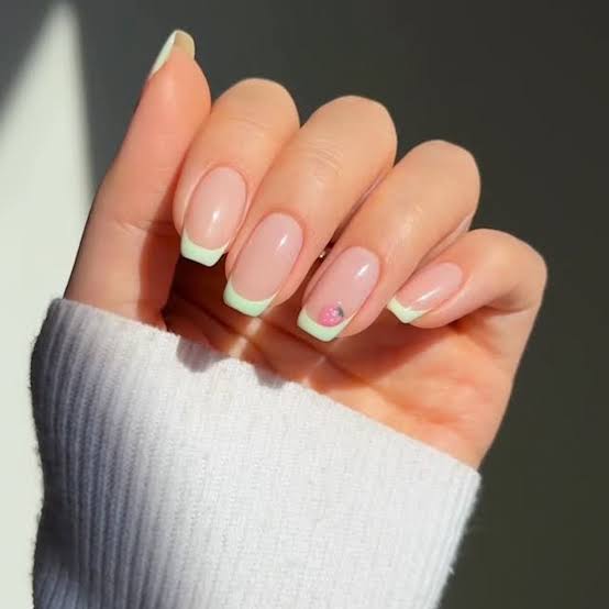 Pastel Green Strawberry French Almond Nails Pastel Green Strawberry French Almond Nails — French Nails