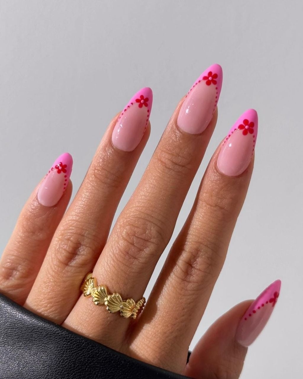 Hot Pink Floral French Almond Nails Hot Pink Floral French Almond Nails — French Nails