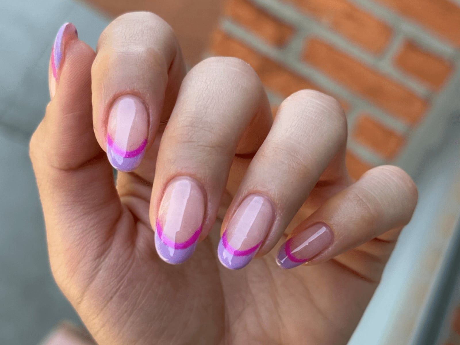 Medium Almond Lavender Pink Double French Nails Medium Almond Lavender Pink Double French Nails