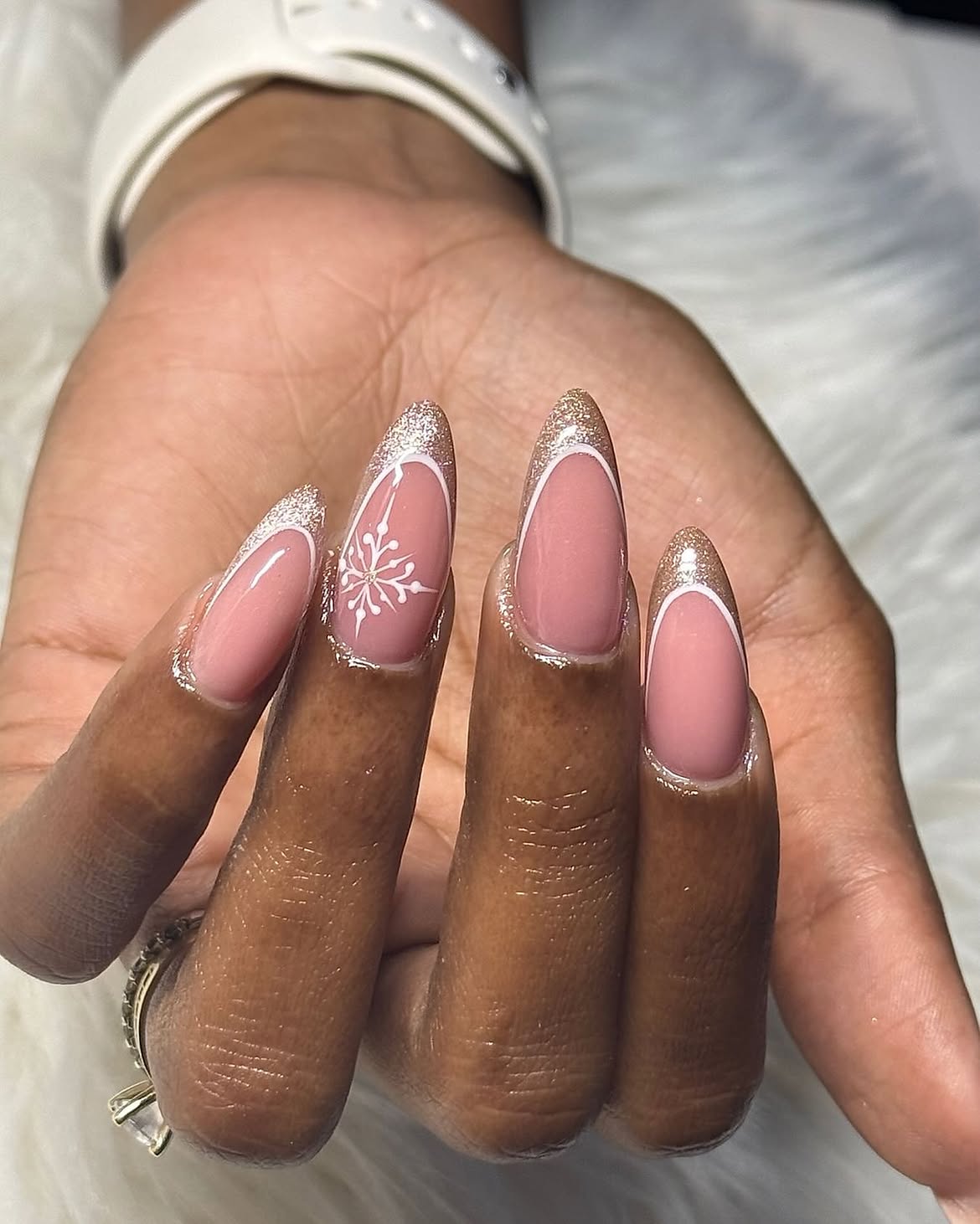Frosted Snowflake Almond French Tips