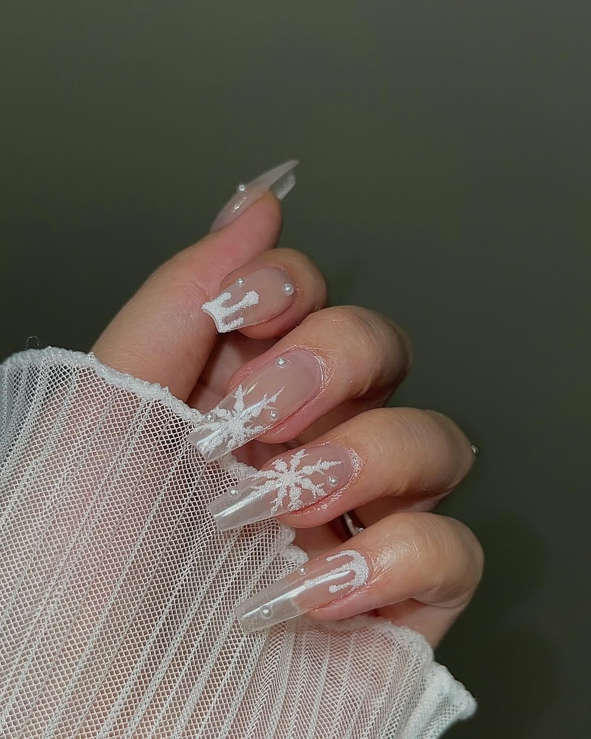 Frosted Snowflake Coffin Nails with Pearls