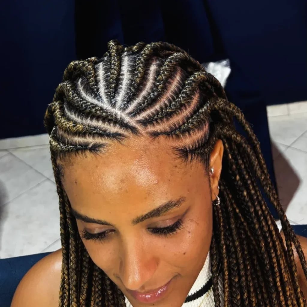 Mid-Back Fulani Braids with Honey Blonde Curls Mid-Back Fulani Braids with Honey Blonde Curls