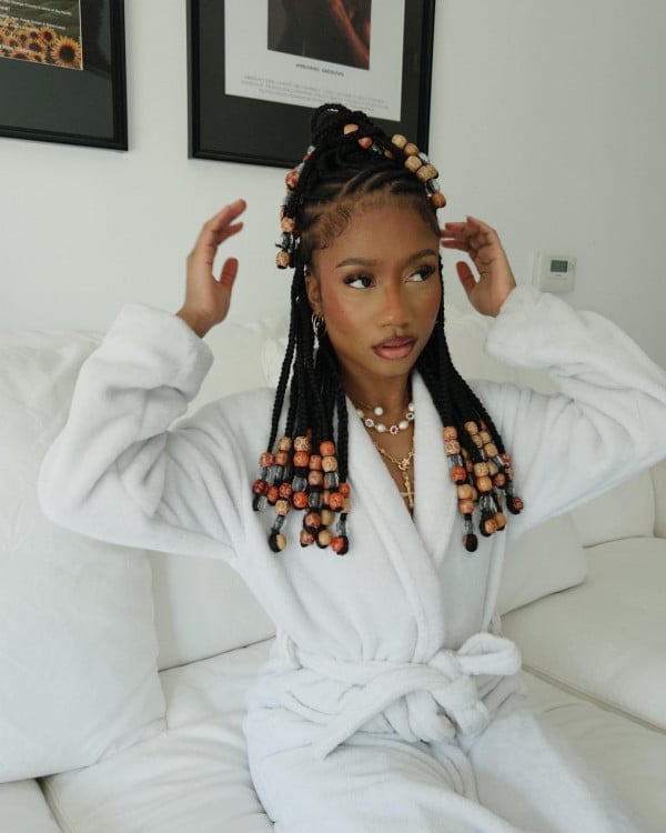 Shoulder-Length Fulani Braids with Colorful Beads, Black Shoulder-Length Fulani Braids with Colorful Beads, Black