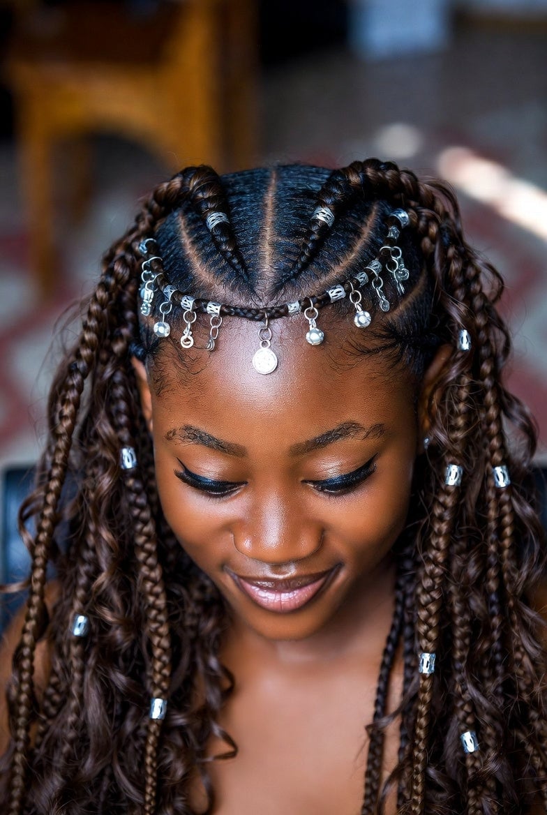 Mid-Back Fulani Braids With Coily Curls and Silver Beads — Fulani Braids Natural Hair