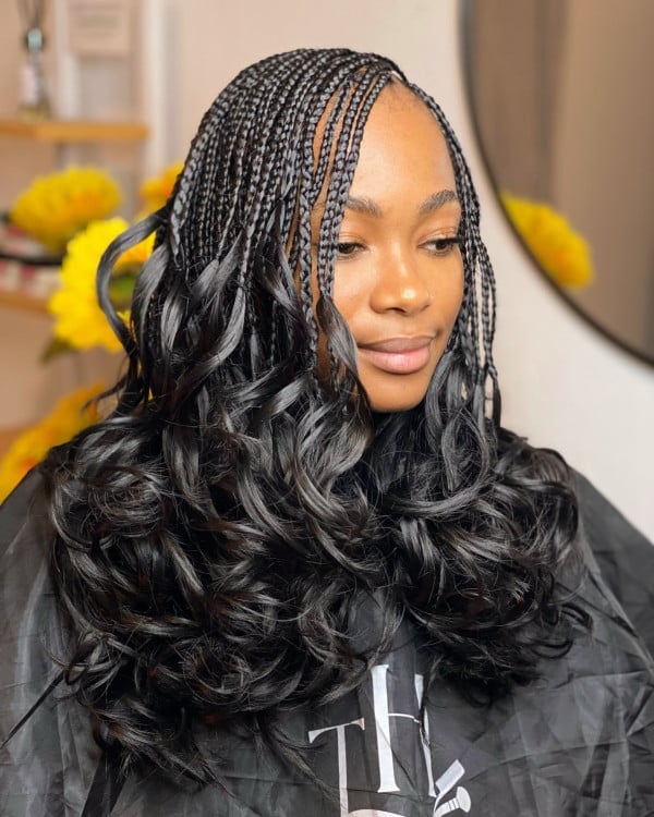 Geometric Braids With Deep Wave Curls to Mid-Back — Fulani Braids with Curls