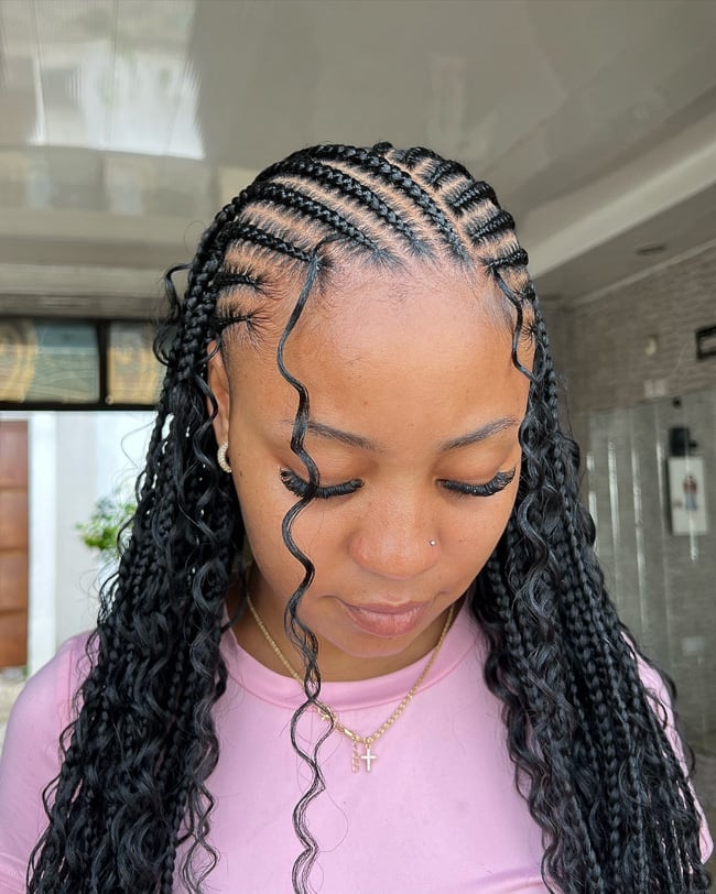 Intricate Scalp Braids With Deep Wave Mid-Back Curls — Fulani Braids with Curls
