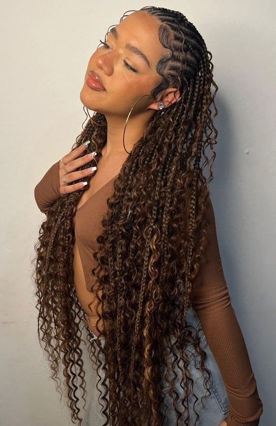 Side Part Fulani Braids With Blonde Highlighted Curls — Fulani Braids with Curls